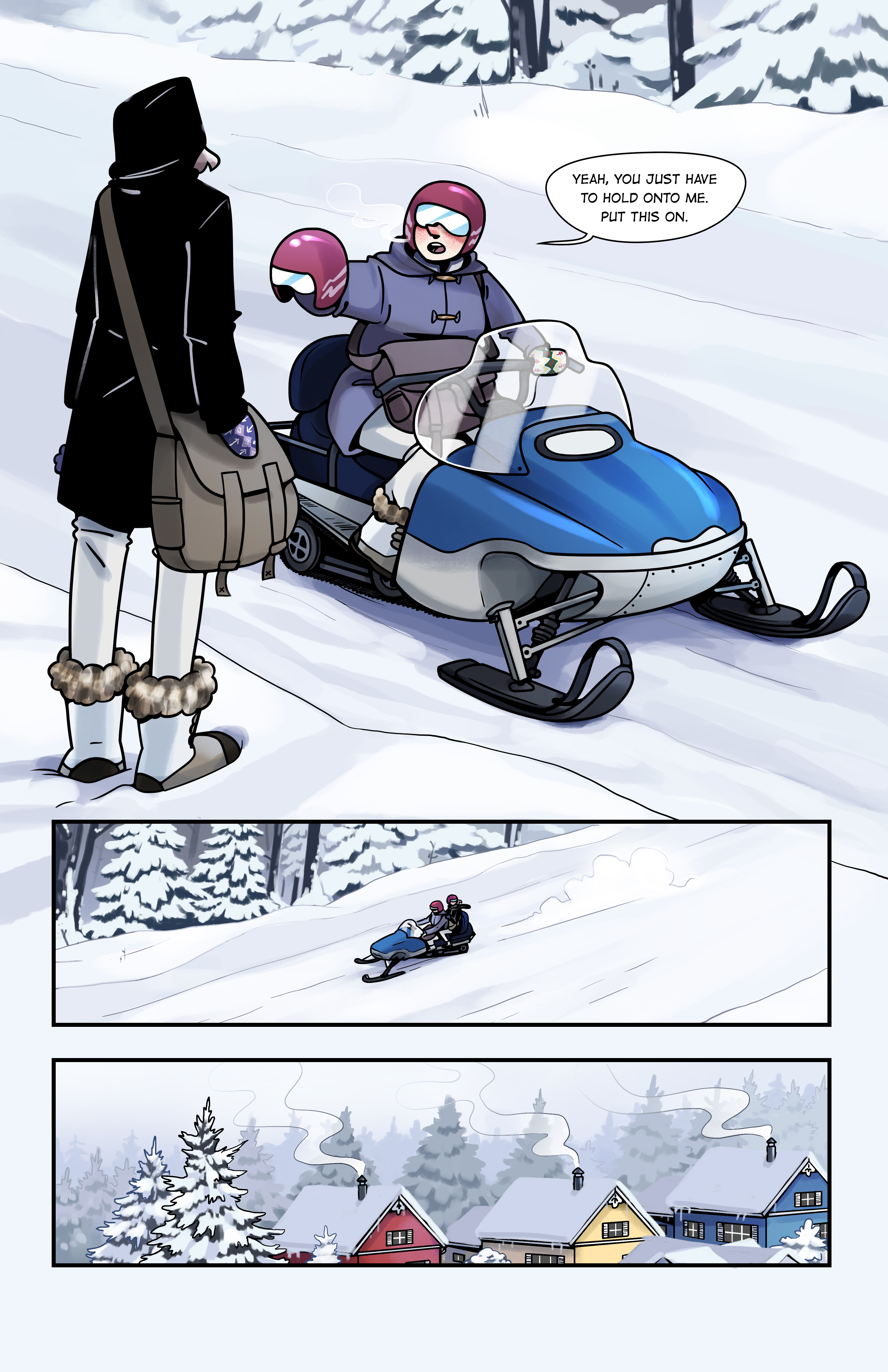 Freya and Corin board a snowmobile and ride into town.